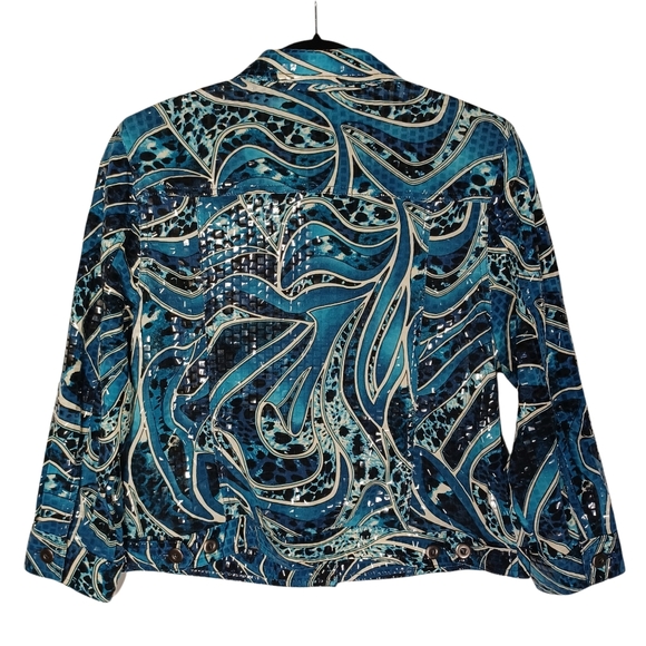 RUBY RD. Blue Black Swirl Print Iridescent Square Embellished Button Jacket 10P - Picture 5 of 5